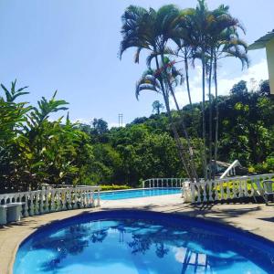 una piscina azul con palmeras en el fondo en Finca Agua Viva en Viotá