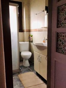 y baño con aseo y lavamanos. en Historic Wooden House with Bosphorus view, en Sarıyer