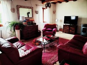 a living room with red couches and a tv at Maison cooconing in Sumène