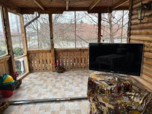 a screened in porch with a large flat screen tv at Pensiunea B C M in Malu Mare