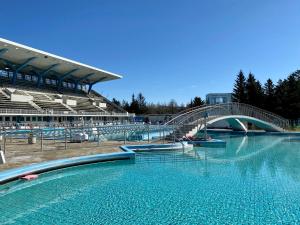 a large swimming pool with a bridge in a stadium at Lara Studio in Laugardalur valley, Reykjavík Central Park and Botanical Garden, Private entrance, FREE Private Parking on side in Reykjavík