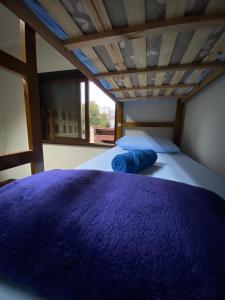 um quarto com uma cama com um cobertor roxo em Lulle Hostel em São Paulo