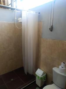 a bathroom with a shower curtain and a toilet at mini-hogar en santa teresa in Santa Teresa