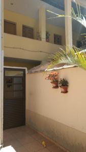 a garage with two potted plants on a wall at Pousada Diniz in Resende