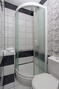 La salle de bains est pourvue de toilettes et d'une douche en verre. dans l'établissement Apartments by the sea Selce, Crikvenica - 18195, à Selce