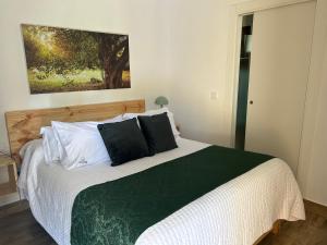 a bedroom with a large bed with black pillows at Casa Balneario Cazorla in Cazorla