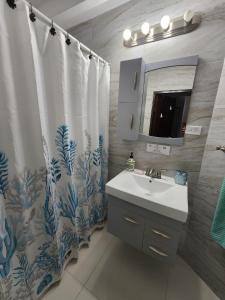 a bathroom with a sink and a shower curtain at STARFISH LUXURY APARTMENT in San Juan