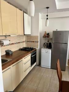 La cuisine est équipée de placards blancs et d'un réfrigérateur en acier inoxydable. dans l'établissement Feliz dia, à Ştefăneştii de Jos
