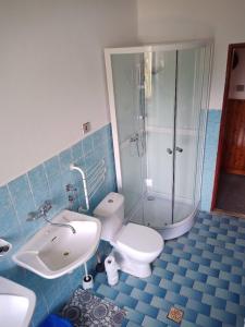 a bathroom with a toilet and a sink and a shower at Chalupa Janička 