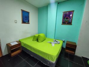 ein Zimmer mit einem grünen Bett mit einer Katze drauf in der Unterkunft SELVA VIVA IQUITOS in Iquitos