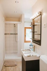 a bathroom with a sink and a shower at Casa di Volce - 1801 Stone House in Tolmin