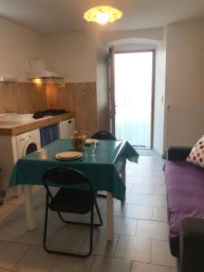 een keuken en een woonkamer met een groene tafel en stoelen bij Gîte d'étape d'Aurouses in Die