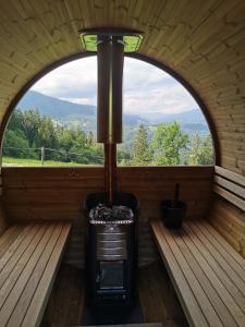 Gornji GradにあるApartments Petekの窓付きの客室で、薪ストーブを内側から望めます。