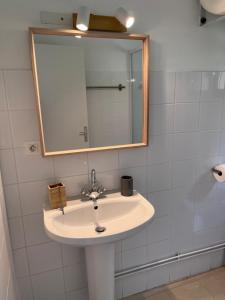 uma casa de banho com um lavatório e um espelho em Auberge de Sauze em Sauze