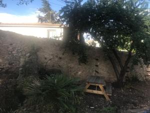 una panca di legno accanto a un muro di pietra con un albero di Douceur occitane a Saint-Chinian