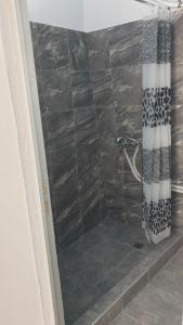 a bathroom with a shower with a shower curtain at StathisApart1 in Amorgos