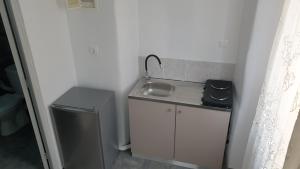 a small kitchen with a sink and a refrigerator at StathisApart1 in Amorgos