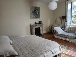 1 dormitorio con 1 cama, chimenea y silla en Château d'Arfeuilles Chambres et tables d'hôtes, en Arfeuilles