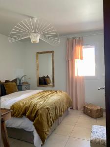 ein Schlafzimmer mit einem großen Bett und einem Spiegel in der Unterkunft Bord de mer, 2 chambres in Algajola
