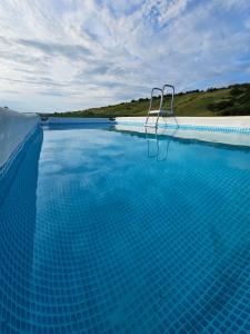 a swimming pool with a metal chair in the water at Vila Kalibu in Piatra Neamţ