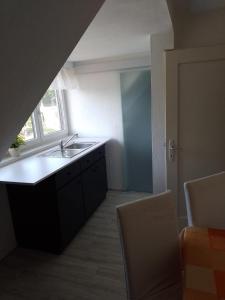 een keuken met een wastafel en een tafel en stoelen bij Apartment Biesnitz in Görlitz