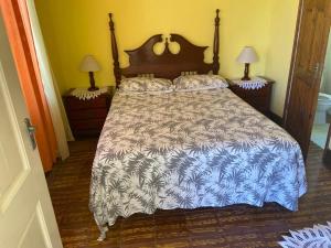 1 dormitorio con 1 cama con edredón azul y blanco en Nat’s place, en Treasure Beach