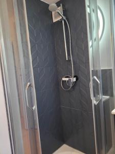 a bathroom with a shower with a glass door at Bm Apartamenty Centrum Międzyzdroje Parking w cenie in Międzyzdroje