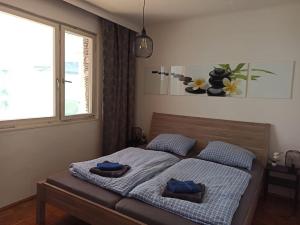 a bedroom with a bed with blue towels on it at Casa Lauda in Pillichsdorf in Pillichsdorf