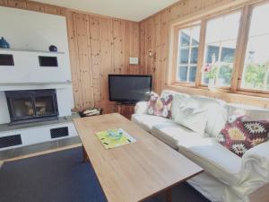a living room with a white couch and a fireplace at Nordgards Hagen in Lillehammer