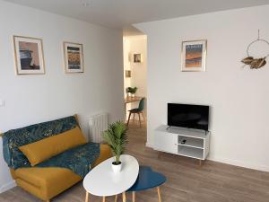 een woonkamer met een bank en een tv bij Studio cosy avec terrasse, proche Chantiers et Airbus in Saint-Nazaire