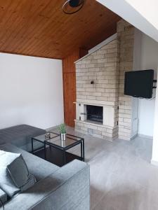 a living room with a couch and a fireplace at Apartman Lucy in Slatine