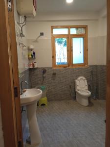 een badkamer met een wastafel en een toilet en een raam bij Alpine Lodge And Stays in Shangarh +38 foto's