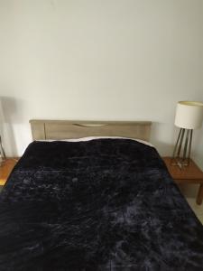 ein Bett mit einer schwarzen Decke darüber in der Unterkunft Tzikas apARTments in Thessaloniki