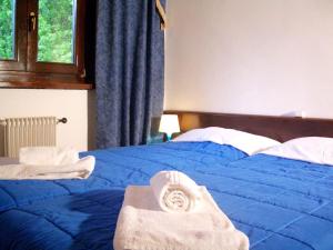 ein Hotelzimmer mit 2 Betten und blauer Bettwäsche in der Unterkunft Villa (apartment F) — Pool — Lake Idro in Vesta