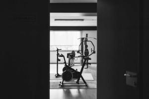 un gimnasio con 2 bicicletas estáticas en una habitación en Hotel Alfonso I en Tui