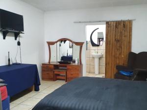 um quarto com uma cama, uma televisão e um espelho em The Little Peaceful Retreat em Vanderbijlpark