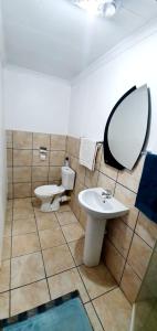 uma casa de banho com um lavatório, um WC e um espelho. em The Little Peaceful Retreat em Vanderbijlpark