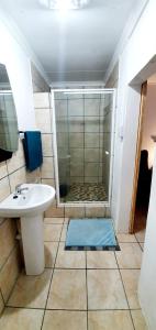 uma casa de banho com um chuveiro e um lavatório. em The Little Peaceful Retreat em Vanderbijlpark
