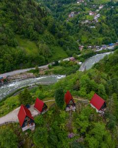 un grupo de techos rojos en una colina junto a un río en bungalove tatil köyü, en Çamlıhemşin