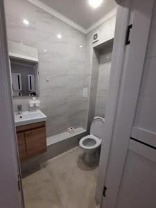 uma casa de banho branca com um WC e um lavatório em Жк Сити плюс em Almaty