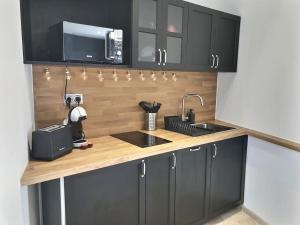een keuken met zwarte kasten, een wastafel en een magnetron bij Appartement Balnéo in Villeneuve