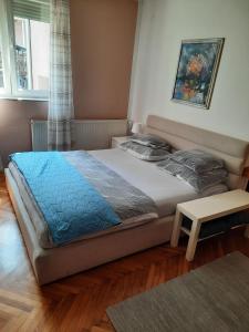 Cette chambre comprend un grand lit et une fenêtre. dans l'établissement Apartmani Biljana Lazić, à Vrnjačka Banja