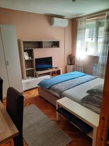 a bedroom with a bed and a desk and a television at Studio Vrnjci 961 in Vrnjačka Banja