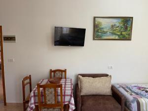 a living room with a couch and a tv on a wall at Garden Villa Veli in Ksamil