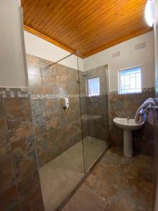 y baño con ducha y lavamanos. en Magoebaskloof Mountain Lodge, en Tzaneen