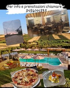 uma colagem de fotos de uma pizza e uma piscina em Agriturismo l'Olivo em Calatafimi