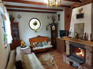 a living room with a fireplace and a couch at Bieszczadzki Dworek in Ustrzyki Dolne