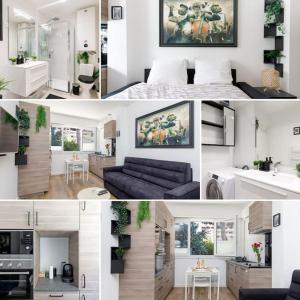 uma colagem de fotos de uma sala de estar e uma cozinha em Super Studio Moderne et Cozy Cannes Proche Croisette & Mer em Cannes