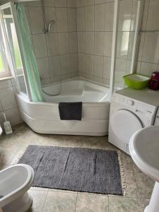 a bathroom with a tub and a toilet and a sink at Apartmani Luka in Korčula