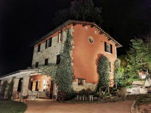a building with ivy growing on it at night at B&B L'Usignolo in Ascoli Piceno